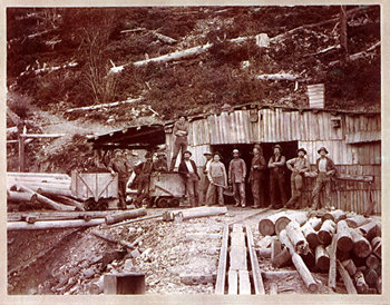 Black and white image, nine men standing in front of a shed built into a hill with logs stacked to the front and sides