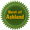 Ashland Chamber Stamp, green oval with serrated edges, yellow text inside = Best of Ashland