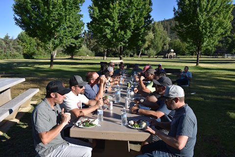 A group of 17 people eating at a long concrete picnic table, large green trees in the background, sun dappling the scene.